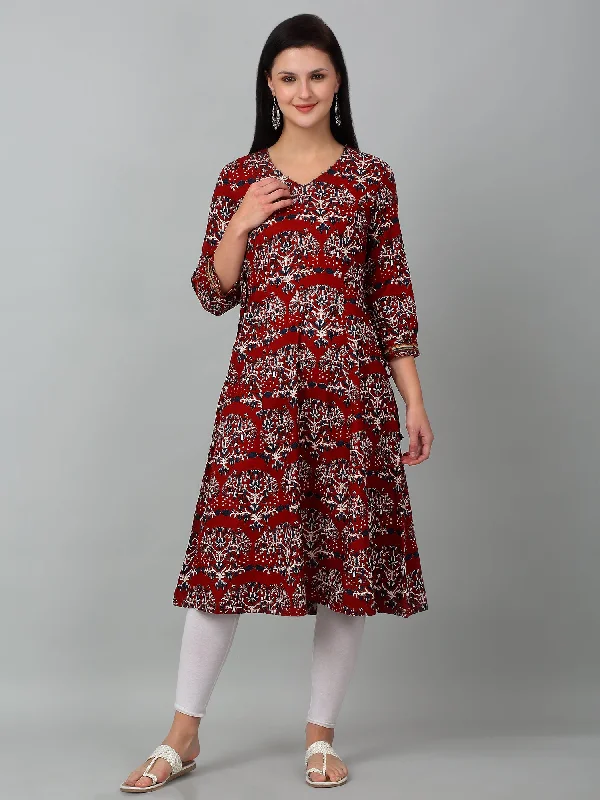 Women's Coats with Fur Trimmed ZipperWomen's Casual V Neck Maroon All Over Printed Knee Length Kurti