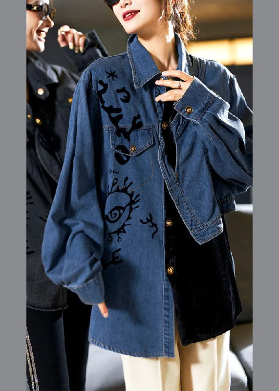 Women's Coats with BeltCasual Denim Blue Peter Pan Collar Asymmetrical Print Button Cotton Coats Long Sleeve