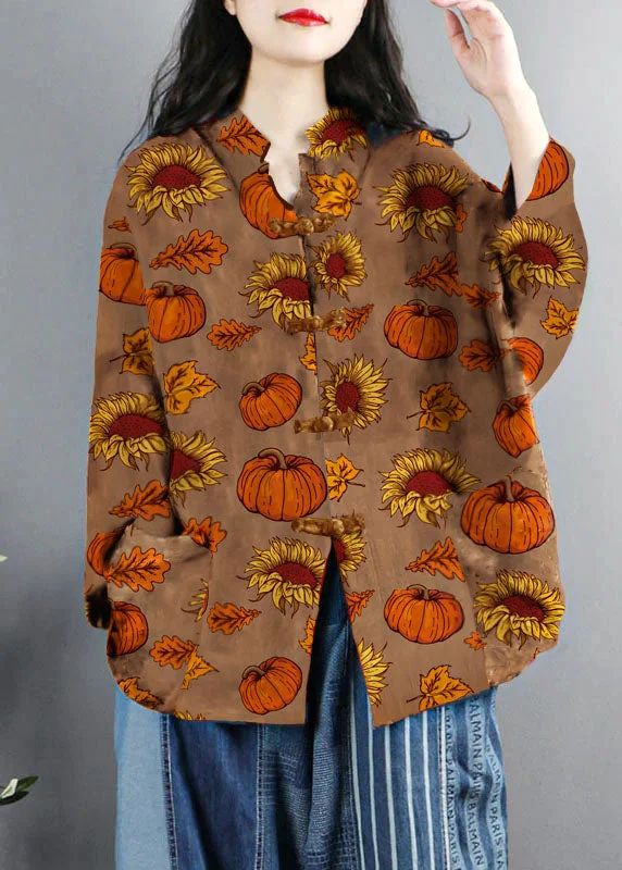 Women's Fur CoatsChinese Style Brown-pumpkin Print Pockets Button Patchwork Cotton Coats Long Sleeve