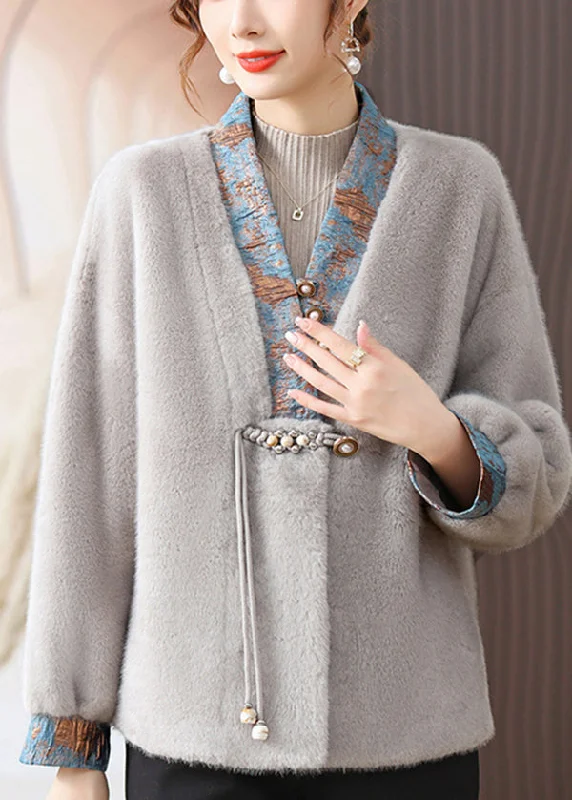 Women's Coats with Fur TrimClassy Grey V Neck Tasseled Patchwork Mink Hair Coats Fall