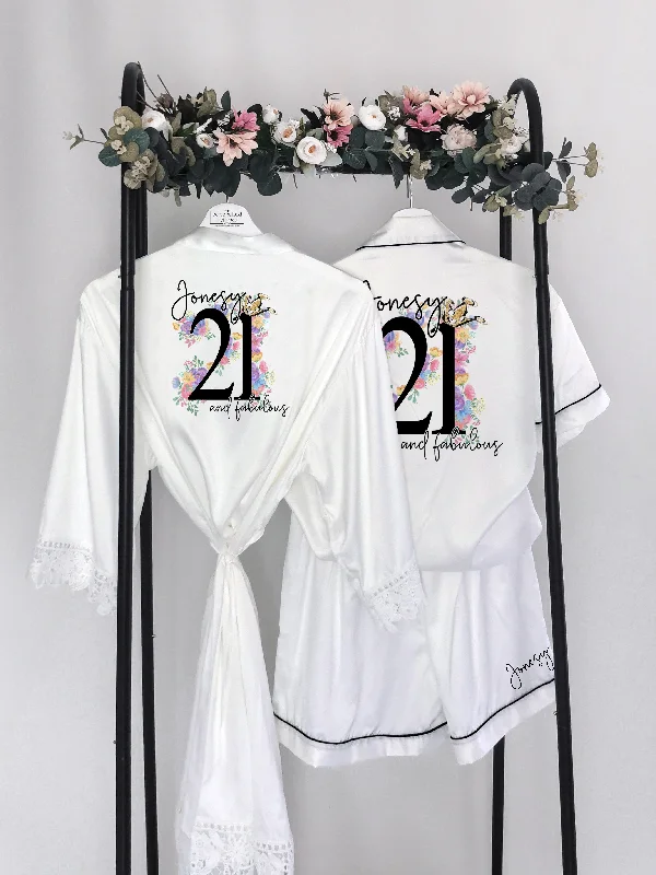 women's pajamas featuring floral embroideryLuxury 21st Birthday Personalised Pyjamas Set