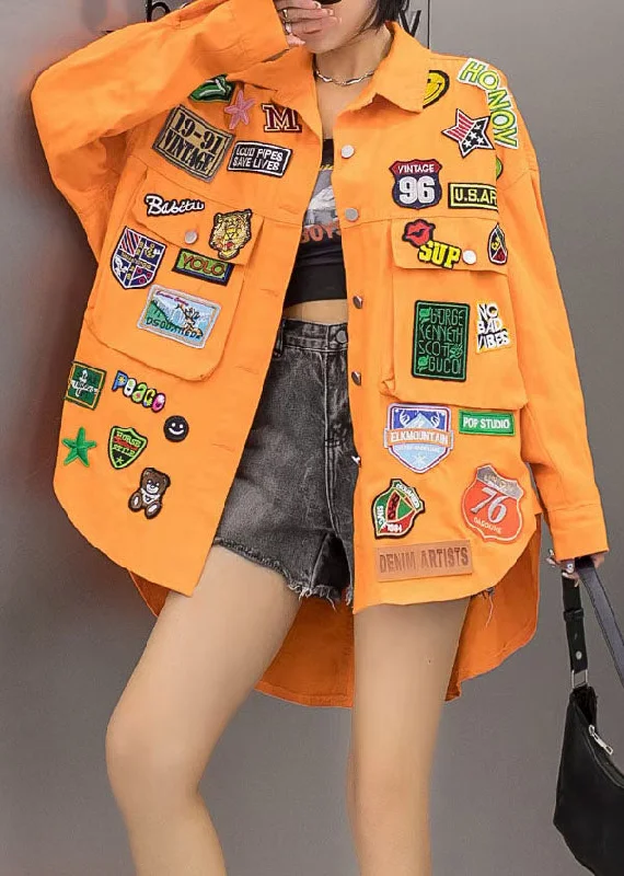 Women's Down CoatsCasual Orange Pockets Graphic Patchwork Denim Coat Spring