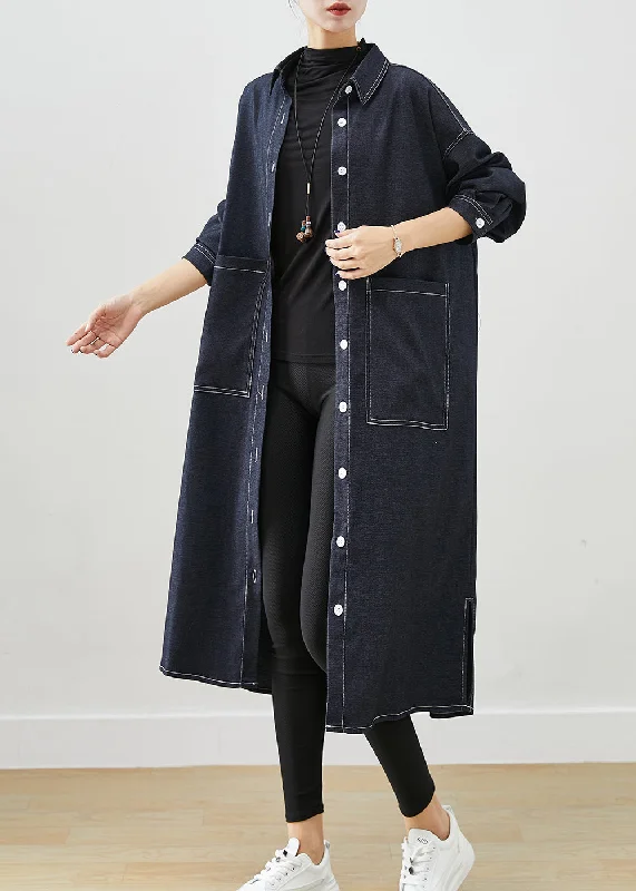 Women's Coats with Fur Trimmed CollarClassy Black Oversized Pockets Side Open Denim Trench Coats Fall