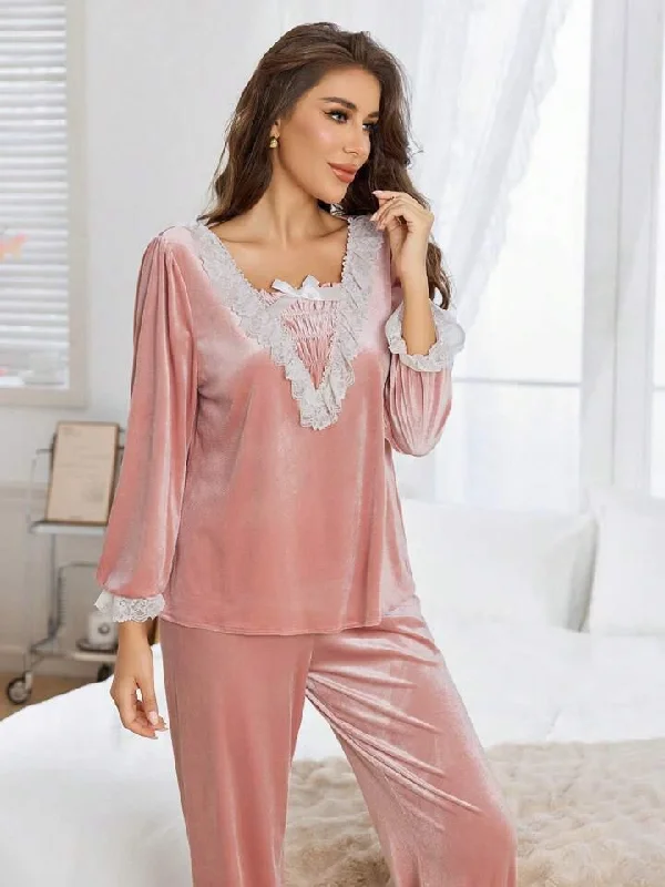 women's cotton pajama setsVelvet Lacy Shirt and Trouser Set