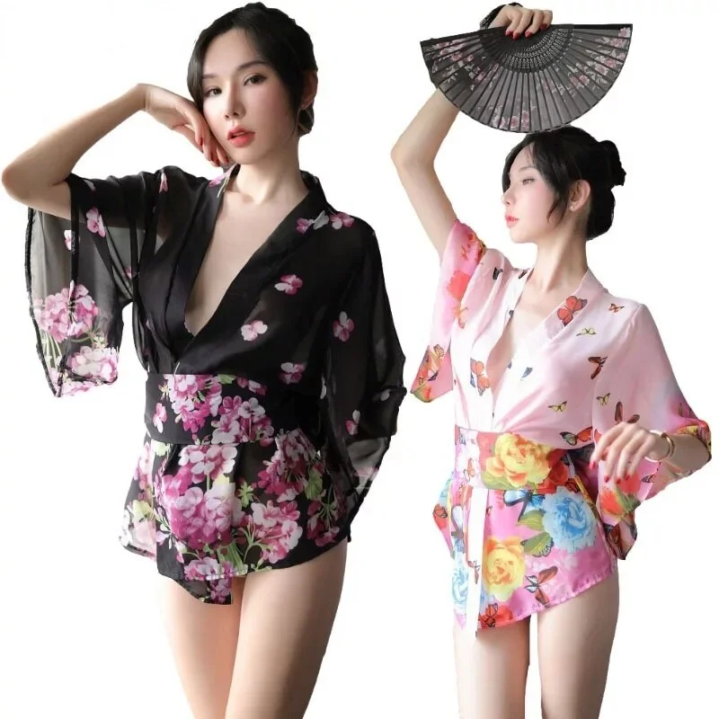 women's pajamas with hidden pocketsSexy Japanese Kimono Dress Yukata Pajamas for Women Cosplay Maid Underwear Sleepwear Japan Deep V Chiffon Lingerie Night Gowns