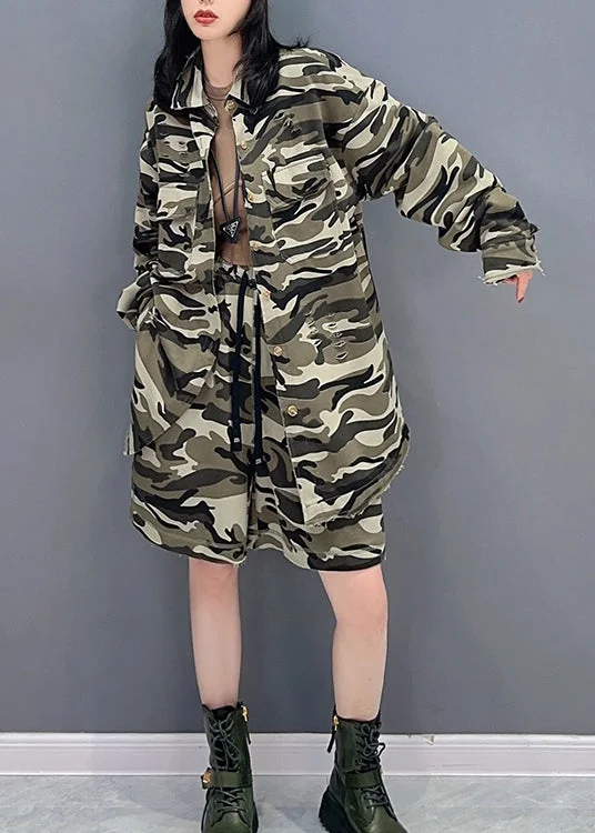 Women's Coats with Fur LiningCasual Camouflage Peter Pan Collar Zippered Print Coats And Shorts Two Pieces Set Spring