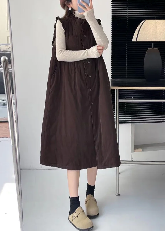 Women's Down CoatsCoffee Pockets Cotton Filled Waistcoat Long Dress Stand Collar Winter