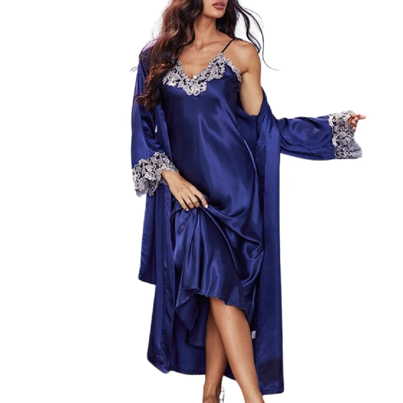 floral print women's pajamasSatin Lace Long Nightgown with Robe Set