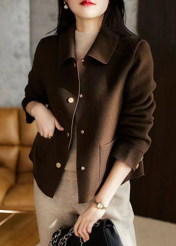 Women's Coats with Fur Trimmed HoodDIY Coffee Peter Pan Collar Pockets Patchwork Woolen Jackets Fall