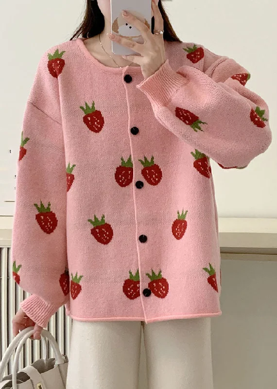 Women's Coats with Fur Trimmed HoodCasual Pink Strawberry Floral Cotton Knit Sweaters Coats Fall