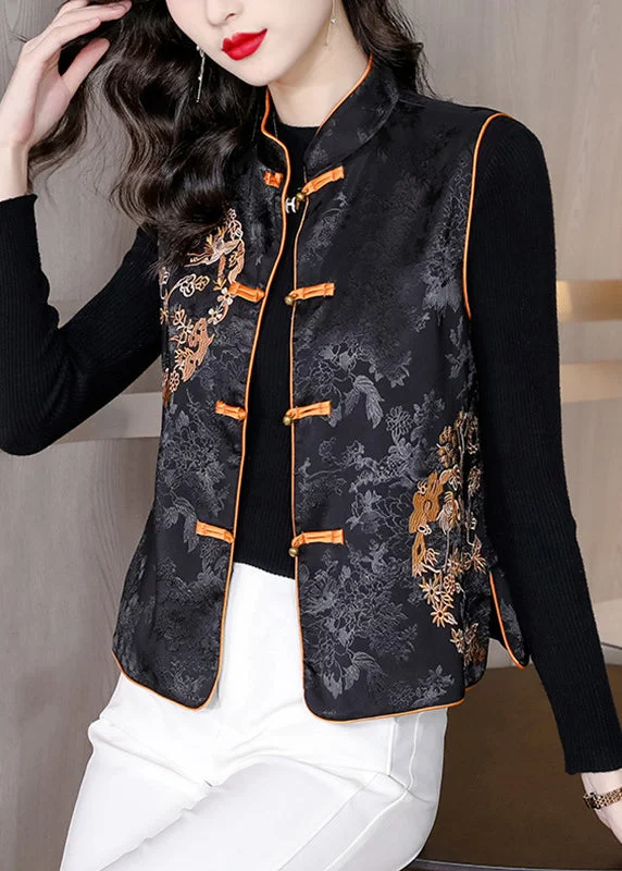 Stylish Women's CoatsChic Black Stand Collar Embroideried Floral Button Silk Waistcoat Sleeveless