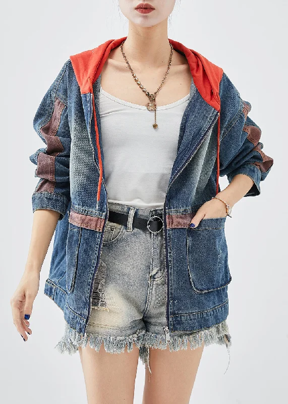 Women's Coats with Fur Trimmed ButtonsCasual Red Hooded Patchwork Denim Coats Fall