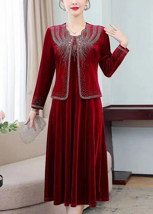 Women's Anorak CoatsClassy Wine Red Zircon Coat And Waistcoat Dress Silk Velour Two Pieces Set Fall