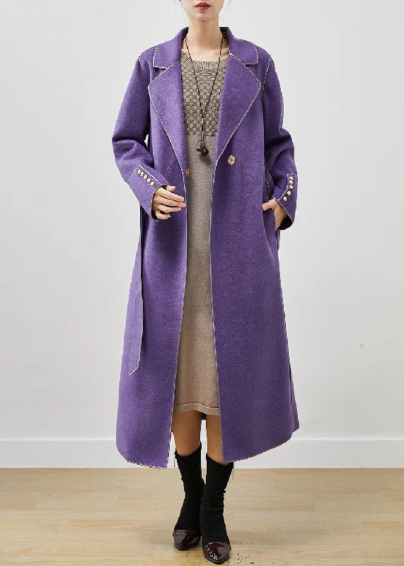 Women's Coats with Fur Trimmed SleevesCasual Purple Peter Pan Collar Tie Waist Woolen Coats Fall