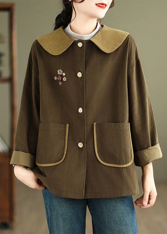 Stylish Women's CoatsCoffee Peter Pan Collar Button Coats Long Sleeve