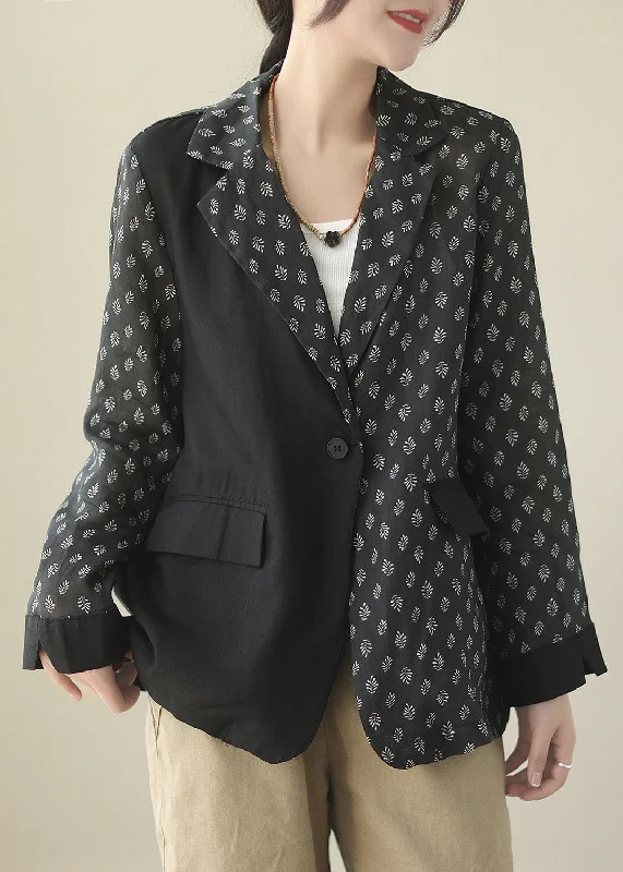 Women's Rain CoatsChic Black Patchwork Button Ramie Coat Spring