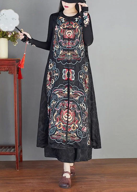 Women's PeacoatsClassy Black Embroideried Chinese Button Patchwork Silk Long Waistcoat Sleeveless