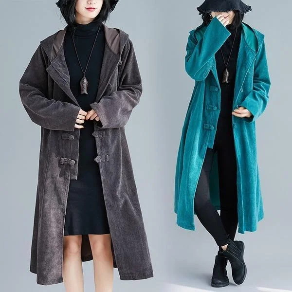 Women's Coats with Fur Liningcorduroy plus size solid vintage hooded casual loose long autumn winter trench coat