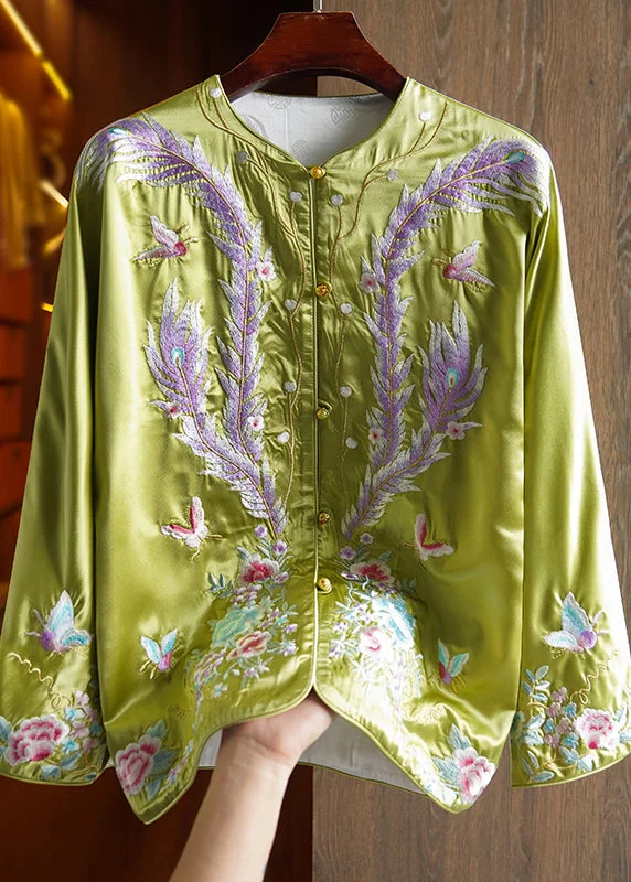 Women's Coats with Fur Trimmed HoodChinese Style Green Embroideried Patchwork Silk Coat Fall