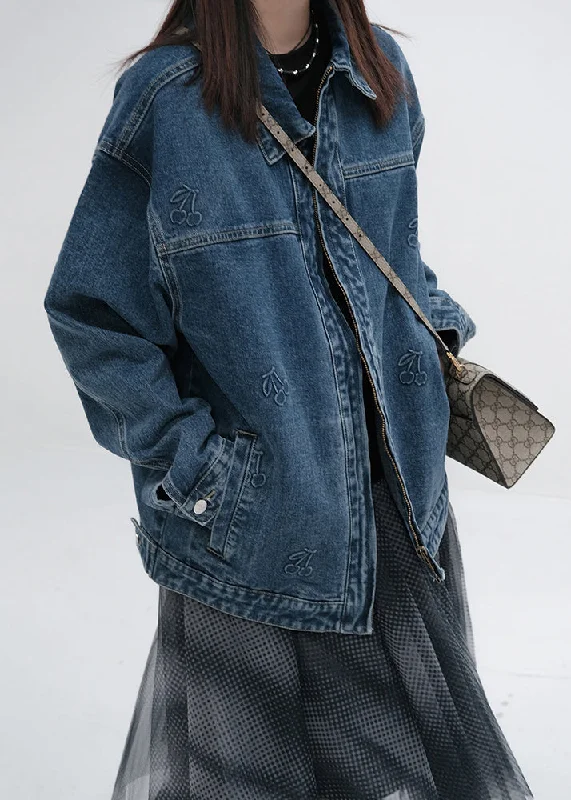 Women's Coats with Fur Trimmed HoodClassy Denim Blue Stand Collar Floral Patchwork Pockets Coats Fall