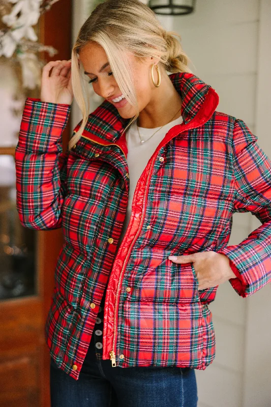 Women's Zip-Up CoatsMore The Merrier Red Tartan Plaid Puffer Jacket