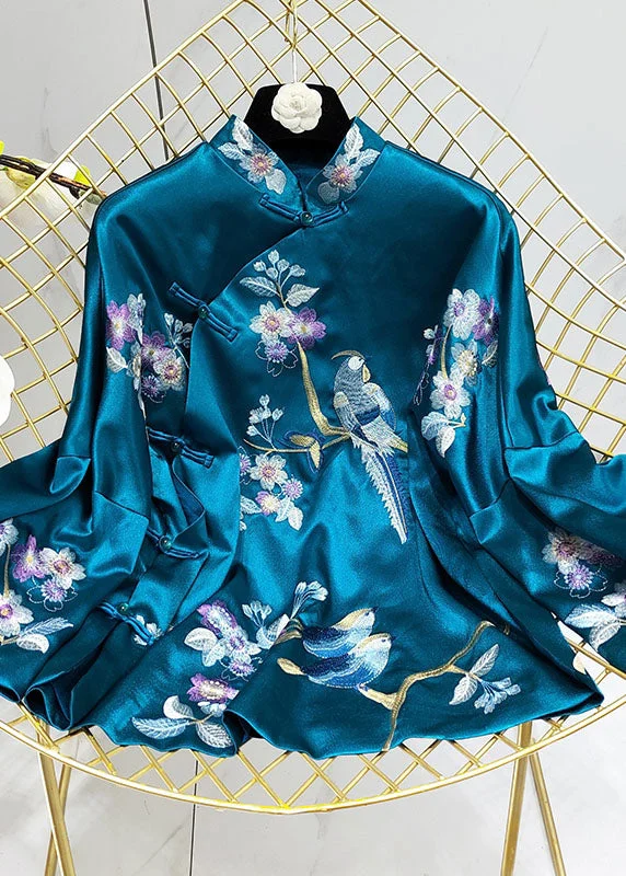 Women's Leather CoatsChinese Style Peacock Blue Stand Collar Embroidery Silk Coats Spring