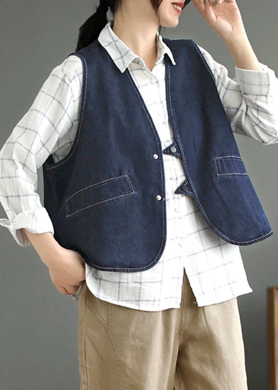 Women's Coats with SleevesDark Blue Pockets Patchwork Denim Waistcoat Sleeveless