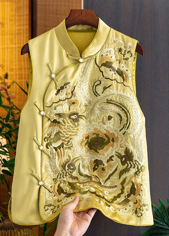 Women's Coats with Fur Trimmed HoodChic Yellow Stand Collar Embroideried Side Open Silk Waistcoat Fall