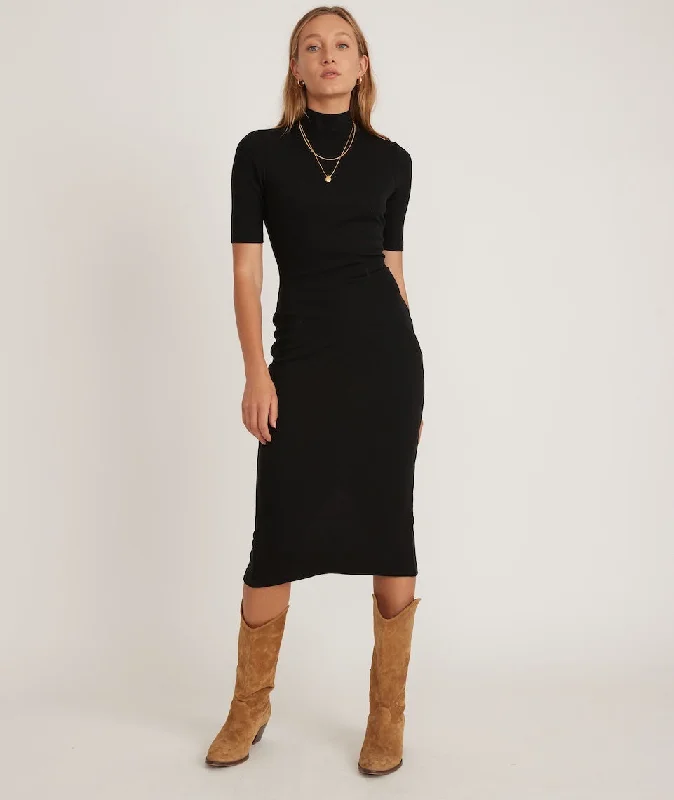 stylish newsboy caps with leather patches and contrast stitching for a bold statementLexi Rib Mock Neck Midi Dress