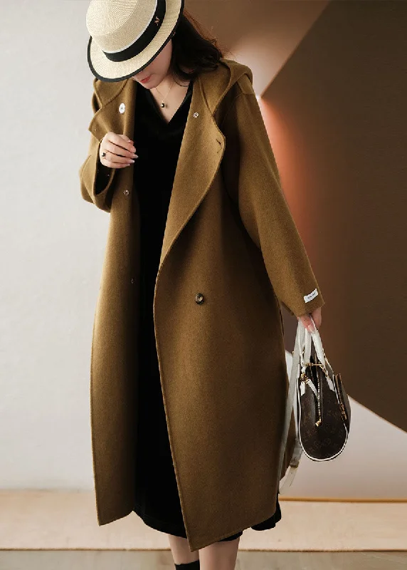 Women's Coats with Fur Trimmed CollarCoffee Woolen Coat Outwear Hooded Double Breast Winter