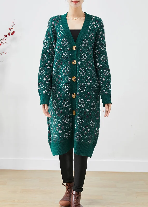 Women's Coats with Fur Trimmed PocketsDIY Blackish Green Print Button Warm Knit Loose Coat Fall