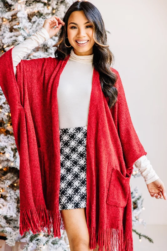 Women's Coats with Fur Trimmed SleevesTake Your Word Red Tassel Open Front Poncho