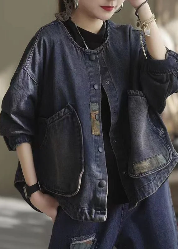 Women's Coats with Fur Trimmed SleevesClassy Dark Blue O-Neck Pockets Patchwork Denim Coats Long Sleeve