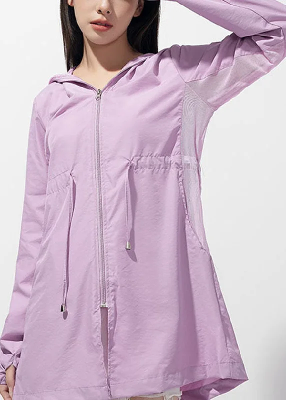 Women's Coats with Fur TrimmedClassy Purple Hooded Pockets Drawstring Patchwork Ice Silk UPF 50+ Coat Summer