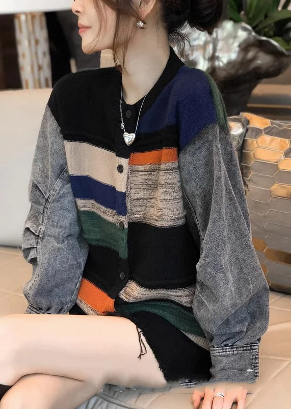 Women's Coats with HoodColorblock Denim Patchwork Knitted Sweater Coat Women Autumn And Winter 2023