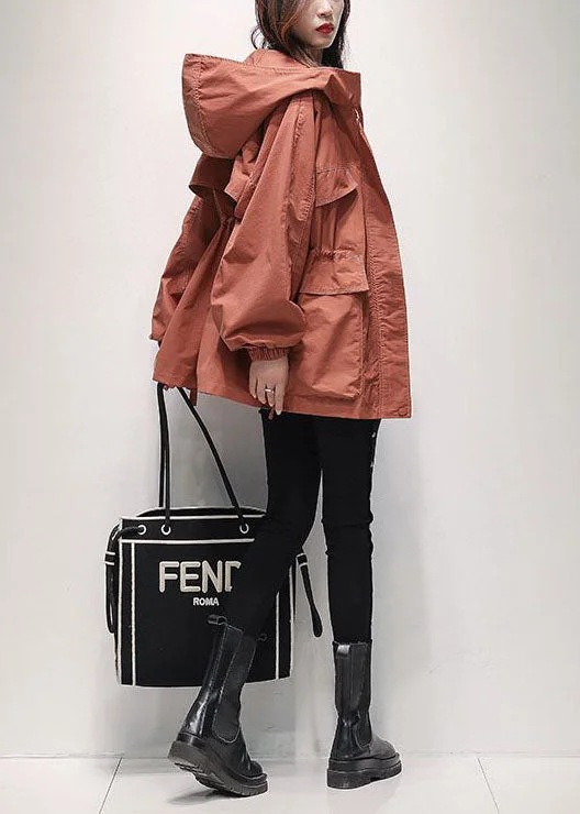 Women's PeacoatsClassy Brick Red Hooded Drawstring Fine Cotton Filled Cinch Jackets Spring