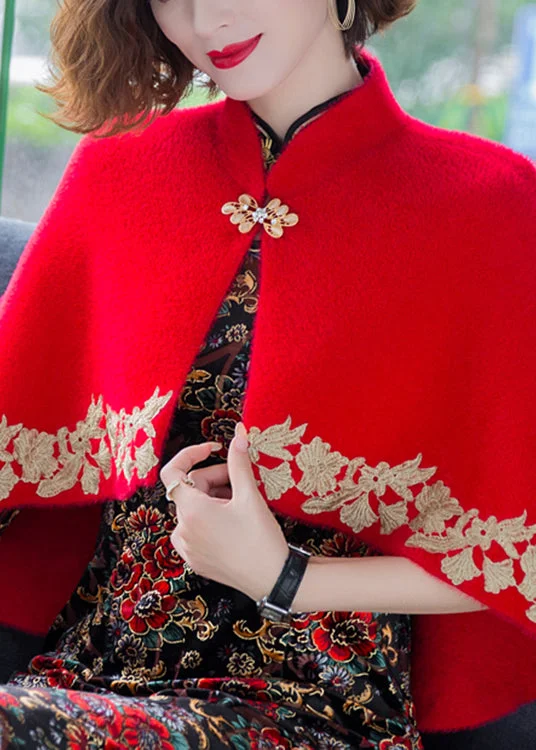 Women's Coats with Fur Trimmed CollarClassy Red Stand Collar Embroideried Patchwork Mink Velvet Coats Fall