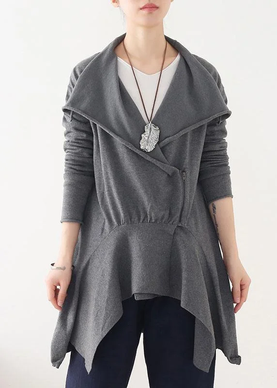 Women's Coats with HoodChic Grey Peter Pan Collar Zippered Fall Short Coat