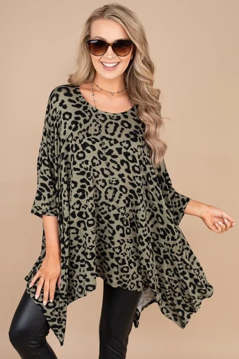 Women's Long CoatsOut For The Day Olive Green Leopard Poncho