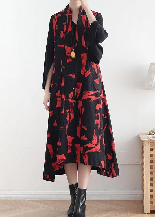 Women's Windbreaker CoatsClassy Mulberry Print Peter Pan Collar Button Waistcoat Long Dress Fall Cotton Dress