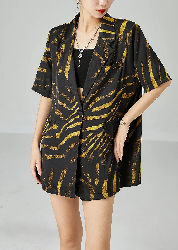 Women's Coats with Fur Trimmed PocketsDIY Black Notched Oversized Print Cotton Coat Short Sleeve