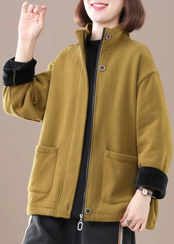 Women's Coats with Fur LiningChic Yellow Zip Up Pockets Warm Fleece Coat Winter