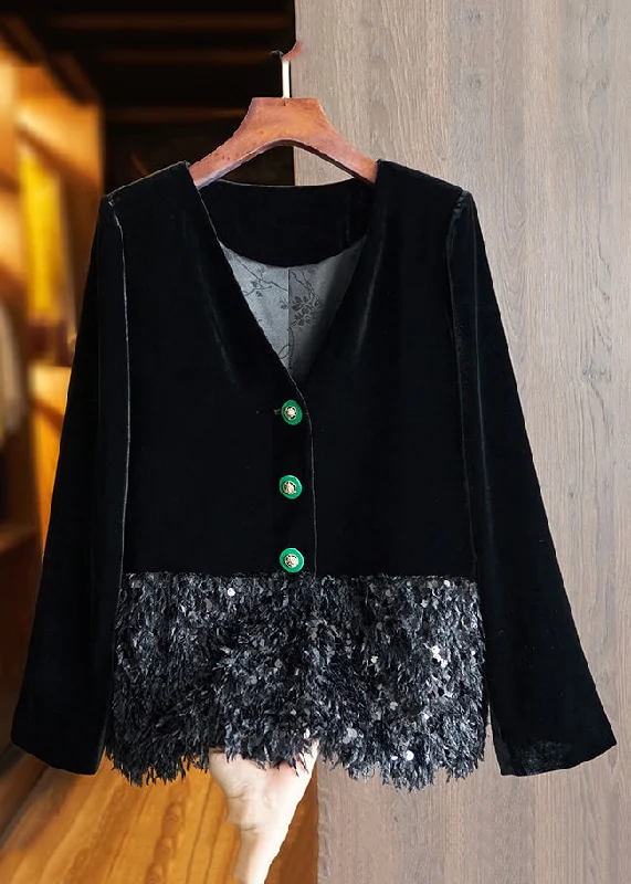 Women's Coats with Fur Trimmed SleevesChinese Style Black Button Sequins Patchwork Silk Velour Coats Fall