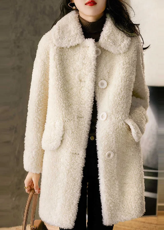 Women's Coats with Fur Trimmed CollarChic Beige Peter Pan Collar Pockets Patchwork Wool Coats Winter