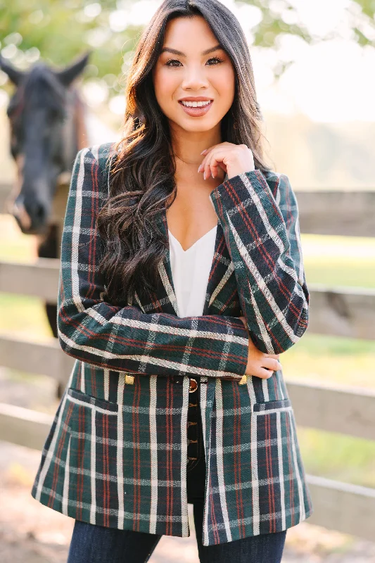 Women's Coats with CollarHead Out Green Plaid Blazer