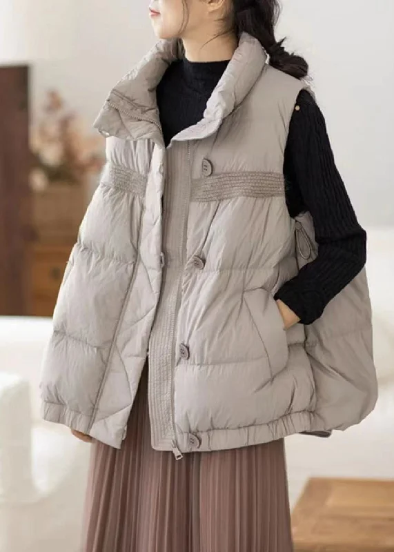 Women's Coats with Fur Trimmed HoodCasual Light Grey Zippered Pockets Cotton Filled Waistcoat Sleeveless