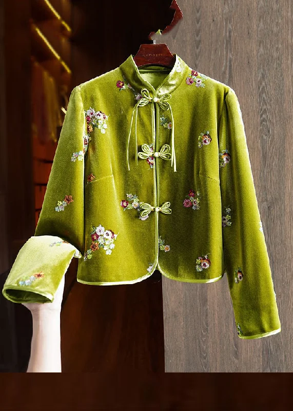 Women's Coats with SleevesChinese Style Green Embroideried Button Silk Velour Coats Long Sleeve