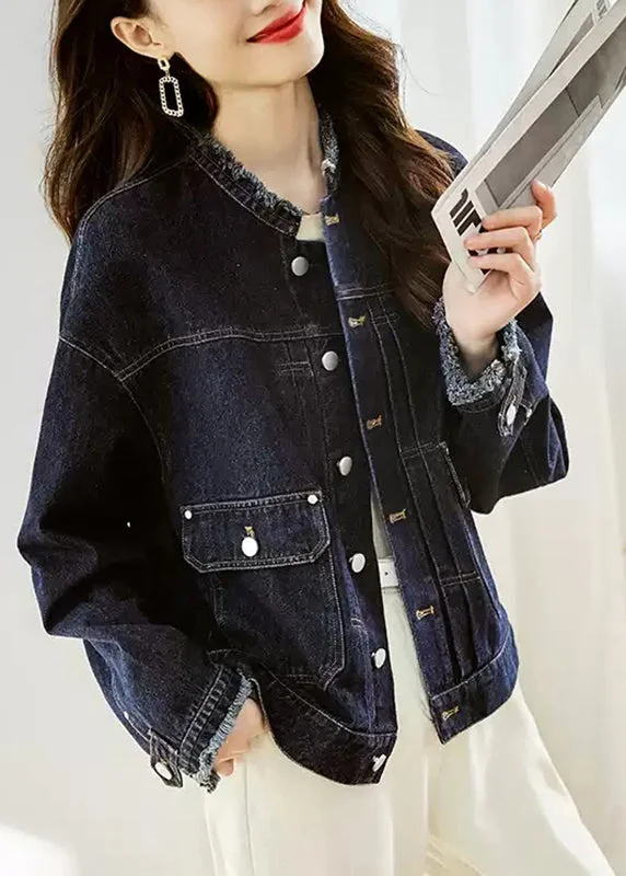 Women's Blazer CoatsCasual Dark Blue O-Neck Pockets Patchwork Denim Coats Fall