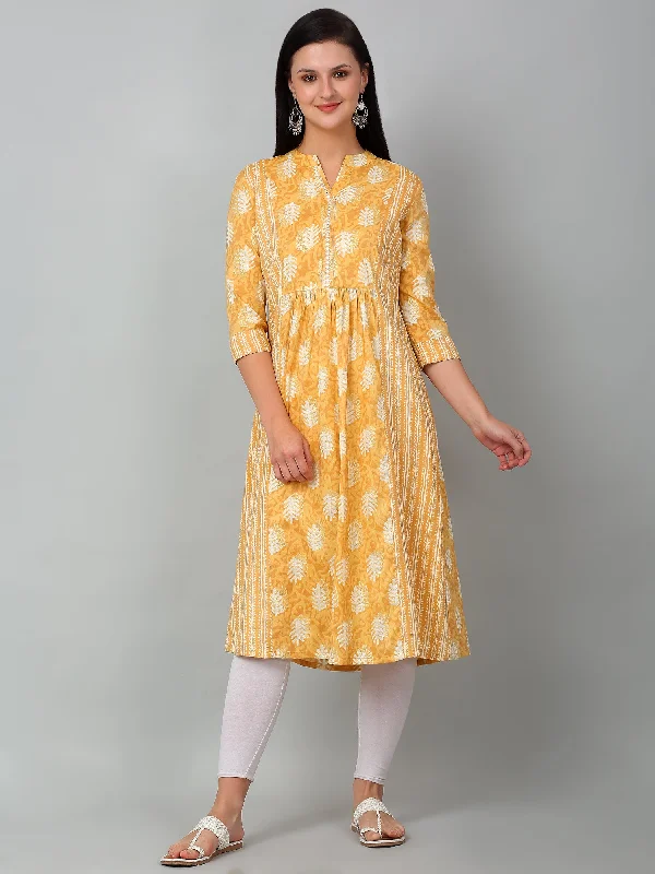 Women's Coats with Fur Trimmed CollarWomen's Casual Band Collar Light Mustard All over Printed Calf Length Kurti