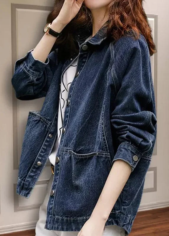 Women's Coats with Fur Trimmed HoodCasual Navy Peter Pan Collar Pockets Patchwork Denim Jackets Fall